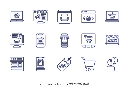 Conjunto de iconos de línea de comercio electrónico. Trazo editable. Ilustración vectorial. Conteniendo compras en línea, tienda en línea, tienda en línea, laptop, ecommerce, rastreo, envío, etiqueta de precio, carrito de compras, quejarse.