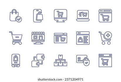 Ecommerce line icon set. Editable stroke. Vector illustration. Containing shopping bag, online shop, ecommerce, check out, purchase, remove from cart, online shopping, add to cart, transaction.