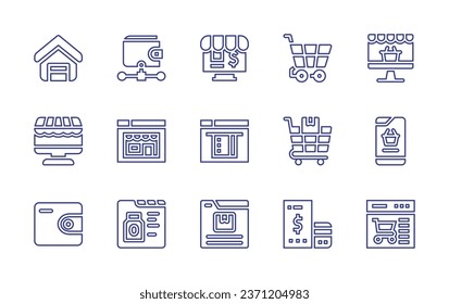 Ecommerce line icon set. Editable stroke. Vector illustration. Containing home, ecommerce, shopping cart, online shop, wallet, marketplace, online payment, online shopping, online store, website.