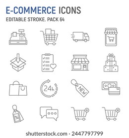 E-Commerce-Linie-Icon-Set, Online-Shopping-Kollektion, Vektorgrafik-Grafiken, Logo-Illustrationen, Marketing-Vektor-Icons, Commerce-Zeichen, Umriss-Piktogramme, editierbarer Strich