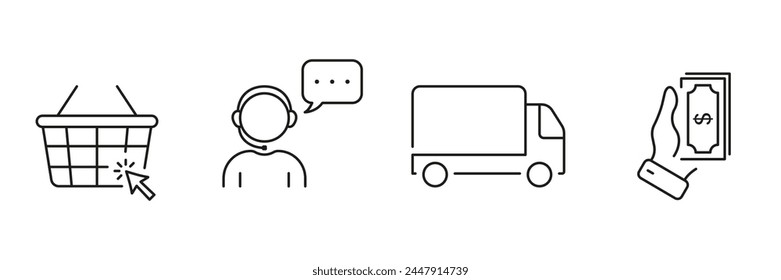 Ecommerce Line Icon Set. Online Shopping Steps Symbol Collection. Making Order Guide Linear Pictogram. Buy, Call To Support, Delivery, Payment Sign. Editable Stroke. Isolated Vector Illustration.