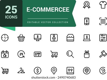 Conjunto de iconos de línea de comercio electrónico. Compras en línea, Carrito e íconos de entrega. Iconos mínimos Diseñado para el Web, interfaz de usuario móvil.