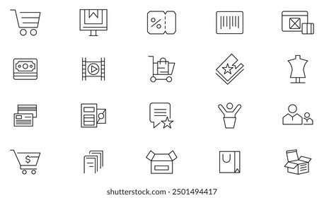 E-commerce line icon set. Online shopping, digital marketing, bank cards, money, barcode, retail, offer, sale, purchase, discount outline icon collection. UI thin line icon pack.