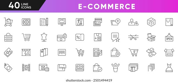 E-commerce line icon set. Online shopping, digital marketing, bank cards, money, barcode, retail, offer, sale, purchase, discount outline icon collection. UI thin line icon pack.