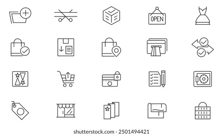 E-commerce line icon set. Online shopping, digital marketing, bank cards, money, barcode, retail, offer, sale, purchase, discount outline icon collection. UI thin line icon pack.