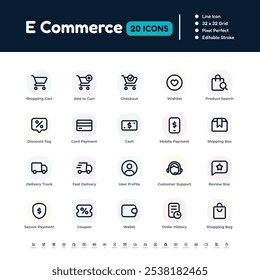  E-Commerce Line Icon Set – Pixel Perfect Editable Stroke Vector Design