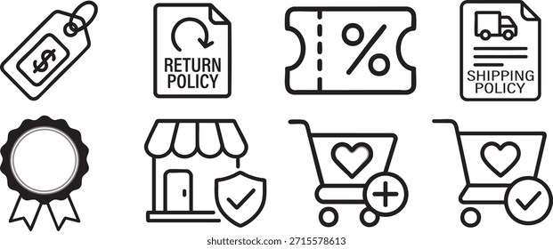 Conjunto de iconos de línea de comercio electrónico: compras, descuentos, envíos e iconos de políticas
