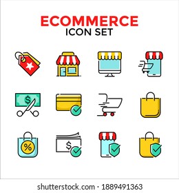 Ecommerce line icon set, Solid line icon include shop, online store, shopping, promotion, pricing, support, and cashless simple design illustration on white background