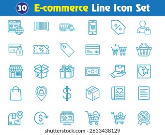 Iconos de la línea del comercio electrónico: 30 iconos negros simples del arte de la línea para la tienda en línea, el Carrito de compras, y el diseño al por menor de la interfaz de usuario