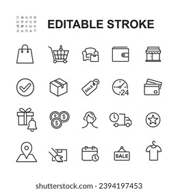 Ecommerce line icons. Contains icons such as shopping baskets, bags, debit cards and many more.