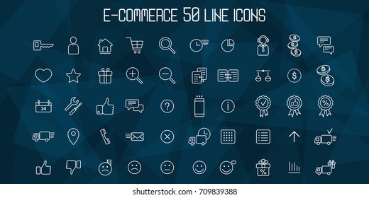 E-commerce line icons on triangle background. Shopping online 50 icons set. Vector illustration.