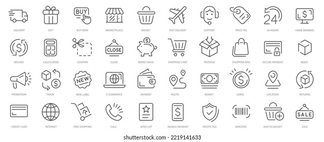 E-Commerce Line Icons. Online shopping icons. Shopping icons collection. Payment elements. Shop sign e-commerce for web development apps. Mobile Shop, Digital marketing, Bank Card, Gifts. 