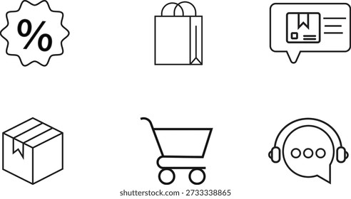 E-commerce Line Icons Set with Discount, Shopping Bag, Cart, Delivery Box, Order Message, and Customer Support.