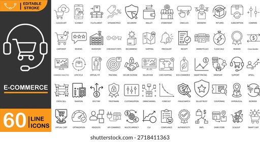 Conjunto de iconos de línea de comercio electrónico con 60 símbolos de contorno limpios relacionados con compras en línea, sistemas minoristas, pagos seguros, procesos de Completar compra, servicios de entrega, Suscripciones, estrategias de Precios, control de inventario, análisis, Asistencia al cliente y administración de escaparates digitales. Diseñado en un estilo lineal mínimo con un trazo editable consistente y aislado sobre un fondo blanco. Ideal para Sitios web, aplicaciones móviles, dashboards, presentaciones, infografías, diseño de UI UX, plataformas de inicio y proyectos de comercio digital modernos.