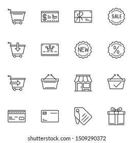 Ecommerce line icons set. linear style symbols collection, outline signs pack. vector graphics. Set includes icons as online shopping, purchase cart, sale tag, discount label, store, credit card