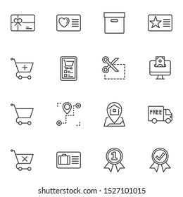 E-commerce line icons set. linear style symbols collection, outline signs pack. vector graphics. Set includes icons as gift card, parcel box, online mobile shopping, free delivery, package tracking