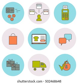 E-commerce line icons set. Online shopping web elements. Round icons.