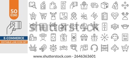 E-Commerce Line Icons Set – Online Shopping, Payment, Delivery, Cart, Discount and Support. Editable Vector Illustration. Editable Stroke. Vector illustration