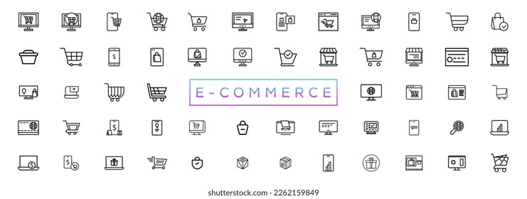 Juego de iconos de línea de E-Commerce. Colección de iconos de esquema de comercio electrónico. Compras, tiendas en línea, entrega, marketing, tienda, dinero, pago, precio 