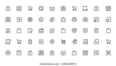 Juego de iconos de línea de E-Commerce. Colección de iconos de esquema de comercio electrónico. Compras, tiendas en línea, entrega, marketing, tienda, dinero, pago, precio 
