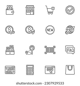 Ecommerce line icons set, outline vector symbol collection, linear style pictogram pack. Signs, logo illustration. Set includes icons as store, secure payment, barcode, faq, online shopping, money