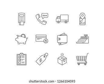 E-commerce line icons set with pos terminal, support, delivery, location, piggy bank, card security, wallet, cash register, checklist, price tag, cardboard, cart.