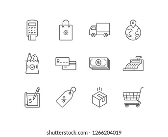 E-commerce line icons set with pos terminal, shipping bag, delivery truck, location, grocery bag, bank cards, money, cash register, check, price tag, cardboard, cart.