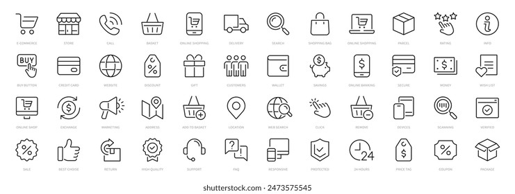 Conjunto de iconos de línea de comercio electrónico. De compras. Iconos de línea delgada de compras en línea. Colección de símbolos de comercio electrónico. Iconos de trazo editables