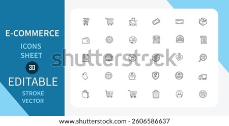 E-commerce line icons set. Shopping carts, Stores, Packages, Payments and more. Outline vector icon in linear style. Editable stroke. Vector illustration.