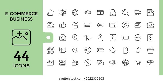 Conjunto de ícones de linha de e-commerce. estilo de linha fina de coleção de ícones relacionados a marketing online, compra, entrega, suporte e muito mais, traço editável e pixel perfect.