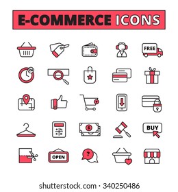  E-commerce line icons set with time purchase and money symbols flat isolated vector illustration 