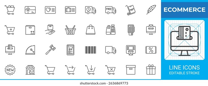 Ecommerce line outline icon set. Vector symbols include cart, barcode, delivery truck, gift, receipt, credit card, checkout, basket, discount, cash, package. Pixel perfect icon design