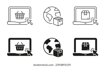 E-Commerce Line and Silhouette Icon Set. E-Business Symbol Collection. Online Shopping Pictogram. Global Delivery Sign. Internet Retail Store. Isolated Vector Illustration.