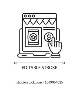 Icono lineal de Ecommerce. Compras por Internet, servicios de mercado digital de línea delgada, ilustración personalizable. Símbolo de contorno. Moderno negocio minorista. Dibujo de contorno aislado del vector. Trazo editable