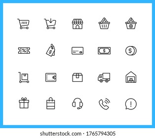 E-commerce linear icons. Basket, Shopping, Delivery, Parcel Service. Set of Customer Center symbols drawn with thin contour lines. Vector illustration.