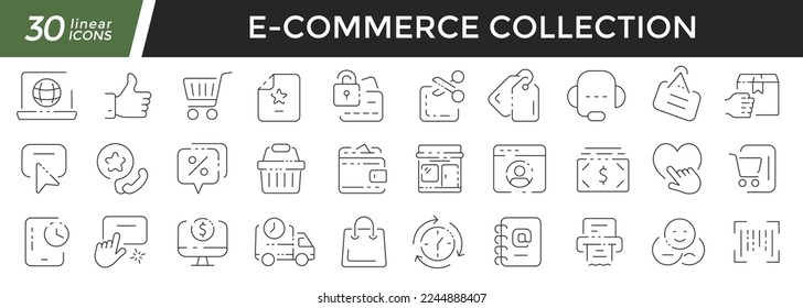 E-commerce linear icons set. Collection of 30 icons in black