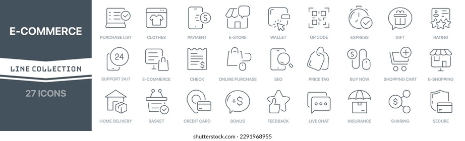 Colección de iconos con signo lineal de comercio electrónico. Colección de iconos de línea delgada firmada. Conjunto de iconos de esquema simple de comercio electrónico