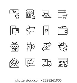 E-commerce, linear style icons set. Buying at an online store, payment. E-shopping and electronic money transfer. E-shop. Safety and quality. Editable stroke width