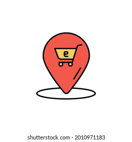E-commerce location, grocery cart color vector icon.