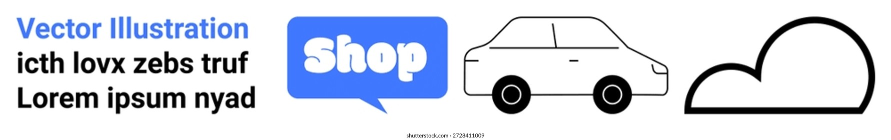 Comercio electrónico, logística, almacenamiento en la nube, compras en línea, comunicación, plataformas digitales. Burbuja de discurso azul con texto de la tienda, icono del coche y símbolo de la nube. Conceptos de comercio electrónico y logística