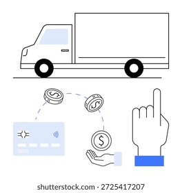 E-Commerce, Logistik, Lieferung, Finanzen, digitale Zahlung, bargeldlose Transaktionen. Lieferwagen und Kreditkarte mit Münzen und einer Handzeigegegeste. Logistik- und E-Commerce-Konzepte