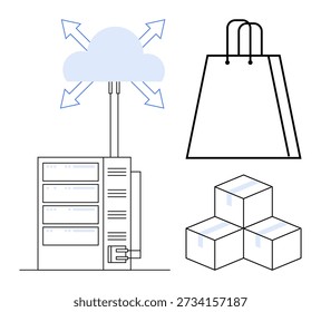 Comercio electrónico, logística, almacenamiento digital, operaciones minoristas, servicios en la nube, compras en línea. Servidor en la nube conectado al almacenamiento, bolsa de compras y cajas. Concepto de comercio electrónico y logística