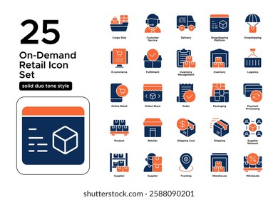 E-Commerce Logistics and Drop Shipping. Supplier Coordination, Product Shipping, and Business Growth. Vector Illustration. Solid duo tone icon set