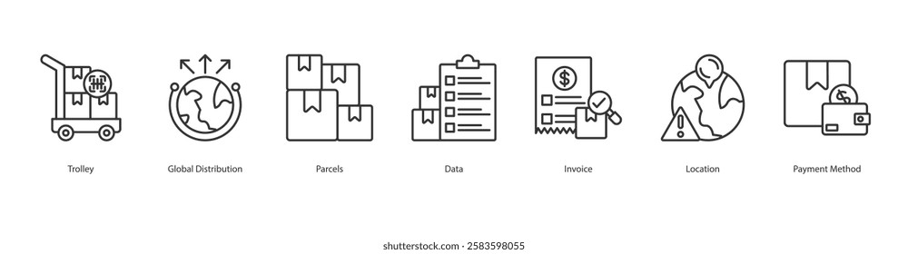 E-Commerce Logistics Icon Sheet Trolley, Global Distribution, Parcels, Data, Invoice, Location, Payment Method