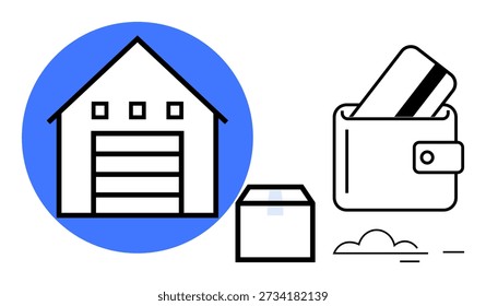 E-commerce, logistics, payment, shipping, warehousing, online shopping. Warehouse, box and wallet with credit card on white background. E-commerce and logistics concept