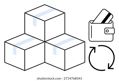 Comercio electrónico, logística, sostenibilidad, sistemas de pago, embalaje, conceptos de reciclaje. Cajas apiladas, billetera con tarjeta giratoria símbolo de flecha. La logística del comercio electrónico y la sostenibilidad en el centro de atención