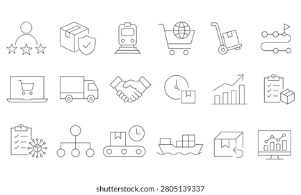 E-commerce and logistics thin line icon set with online shopping parcel delivery truck cargo ship handshake and customer rating business concepts.Editable stroke, Vector illustration, Line art Icon, Symbols.