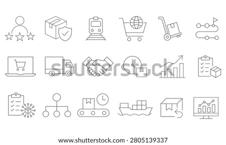 E-commerce and logistics thin line icon set with online shopping parcel delivery truck cargo ship handshake and customer rating business concepts.Editable stroke, Vector illustration, Line art Icon, Symbols.