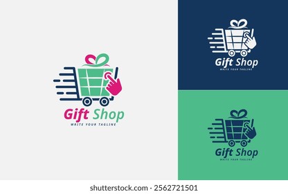 E-Commerce Logo Design. Online Shopping with Gift Box, Cart, Click Hand, and Delivery Vector.