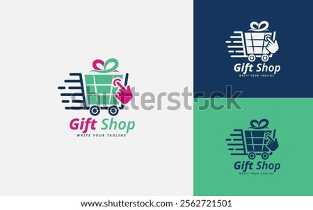 E-Commerce Logo Design. Online Shopping with Gift Box, Cart, Click Hand, and Delivery Vector.